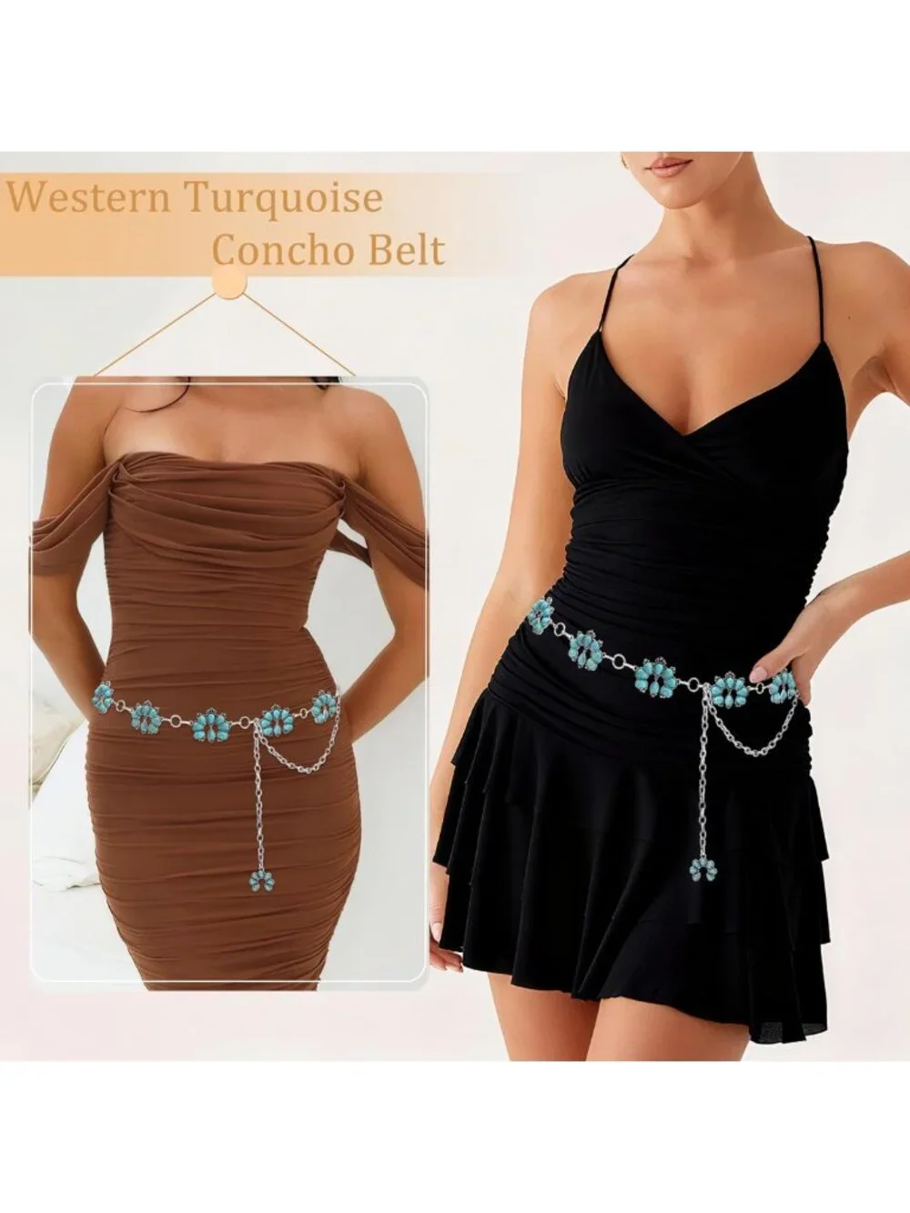 Boho Turquoise Chain Belt for Women | Silver Western Concho Cowgirl Accessory